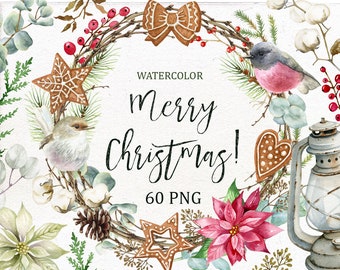 Christmas Clipart, Watercolor, Gingerbread Clip Art, Wreath, Paper Angel, Birds, Cotton, Lantern, Eucalyptus, Poinsettia, Winter, Holiday.