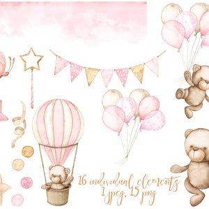 May include: A set of 16 watercolour illustrations featuring a hot air balloon, teddy bears, stars, butterflies, and a banner. The illustrations are in shades of pink, brown, and gold.