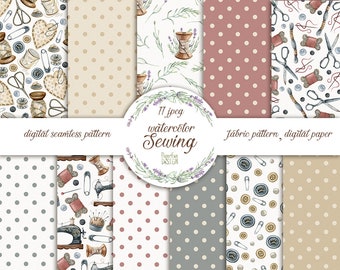 May include: A set of 11 digital seamless patterns featuring watercolor illustrations of sewing supplies, including spools of thread, buttons, needles, scissors, and a vintage sewing machine. The patterns are in various colors, including beige, brown, gray, pink, and white, and feature polka dot backgrounds.