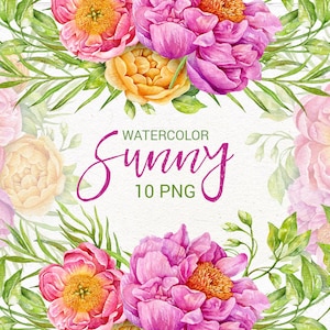 Aquarell romantische Pfingstrose Clipart, Hochzeit Clip Art, grüne Blätter, Pfingstrosen, rosa Blume, helle Blumen, Pfirsich, gelb.