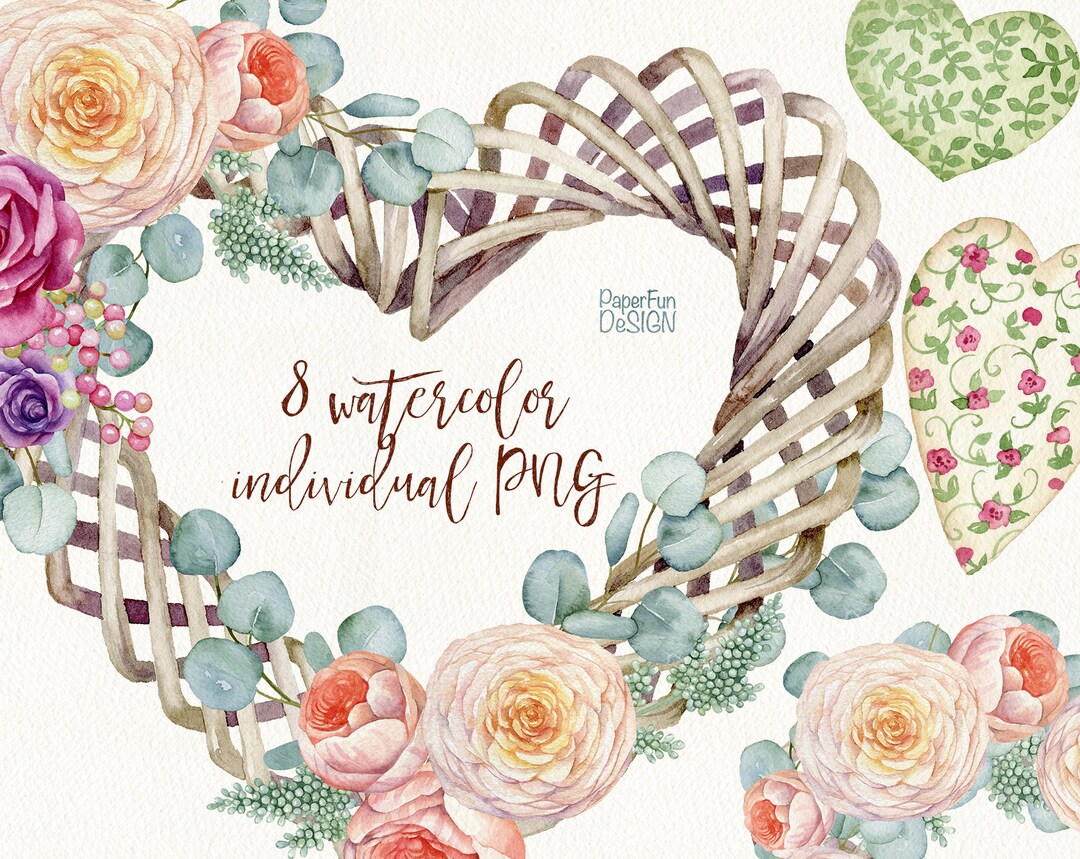 Watercolor Heart Clipart. Watercolour Floral Wreath Clip Art, Country ...
