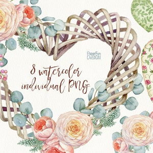 Clipart coeur aquarelle. Clipart couronne de fleurs à l'aquarelle, style campagnard, fleurs romantiques, roses, fleurs roses, essentiels de la Saint-Valentin.