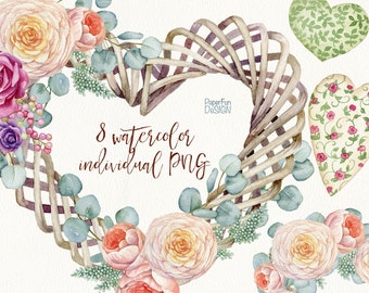 Watercolor heart clipart. Watercolour floral wreath clip art, Country style, Romantic flowers, Roses, Pink Flowers, Valentines essentials.