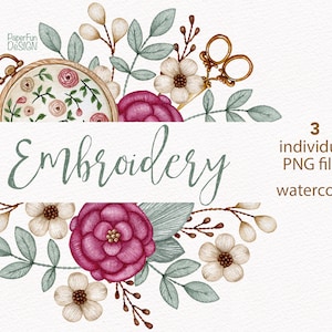 Aquarel borduurwerk clipart. Ronde borduurring clipart. Aquarel handwerk roze en groene bloemenelementen illustraties. Digitale PNG.