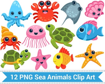 Sea Animal Clipart, Sea Creatures Clip Art, Fish, Turtle, Starfish, Crab, Octopus, Cute Ocean Animals.