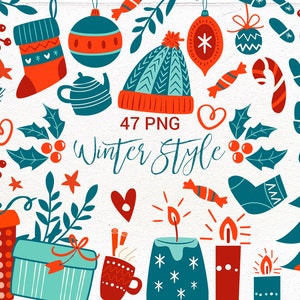 Clipart câlin de Noël. Sapin de Noël scandinave, cadeaux douillets, bougies, ours, chat, chien, mug, mitaines. Les essentiels des vacances d'hiver.