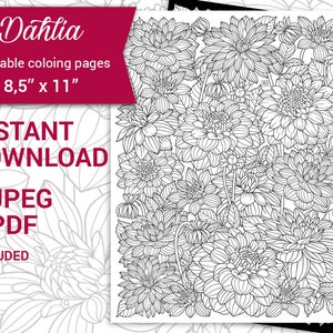 PDF, JPEG Digital Adult Coloring Book, Floral Arrangements, Botanical Printable Coloring Page, Dahlia Flower 8.5&#39;&#39;x11&#39;&#39;