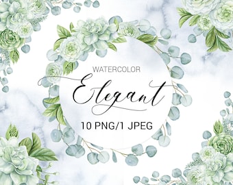Watercolor Eucalyptus Wreath, Floral Frame Clipart, Digital  clip art, Wedding watercolor clip art. Digital PNG.  INSTANT DOWNLOAD