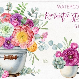 Aquarell Rustikales Arrangement. Rosa Blumen, Hochzeit ClipArt. Französischer Stil Clipart. Land png.