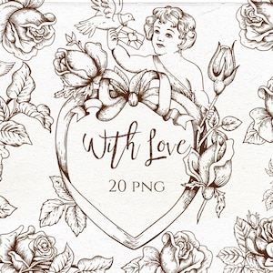 Saint-Valentin Clip Art, vintage Roses Clipart, vintage Angel, Coeurs, Amour, Guirlande, Décor romantique, Conception d’invitation.