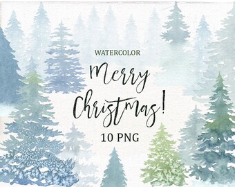 Watercolor Pine Tree Clip Art, Christmas Tree Clipart, Hand Painted Christmas Tree.