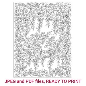 Printable Adult Coloring Page PDF and JPEG. Digital Wisteria Flowers ...
