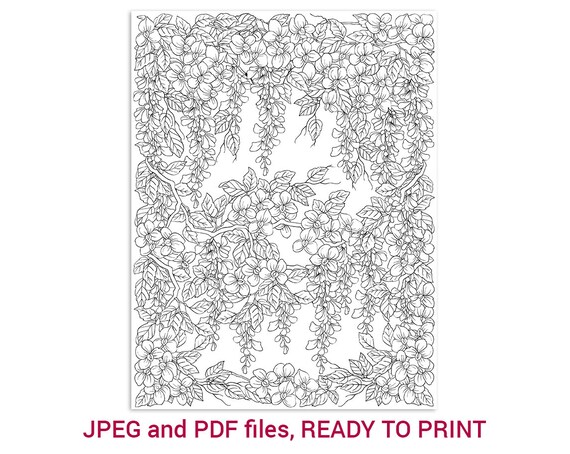 Printable Adult Coloring Page Pdf And Jpeg Digital Wisteria Flowers Floral Coloring Page 8 5 X11