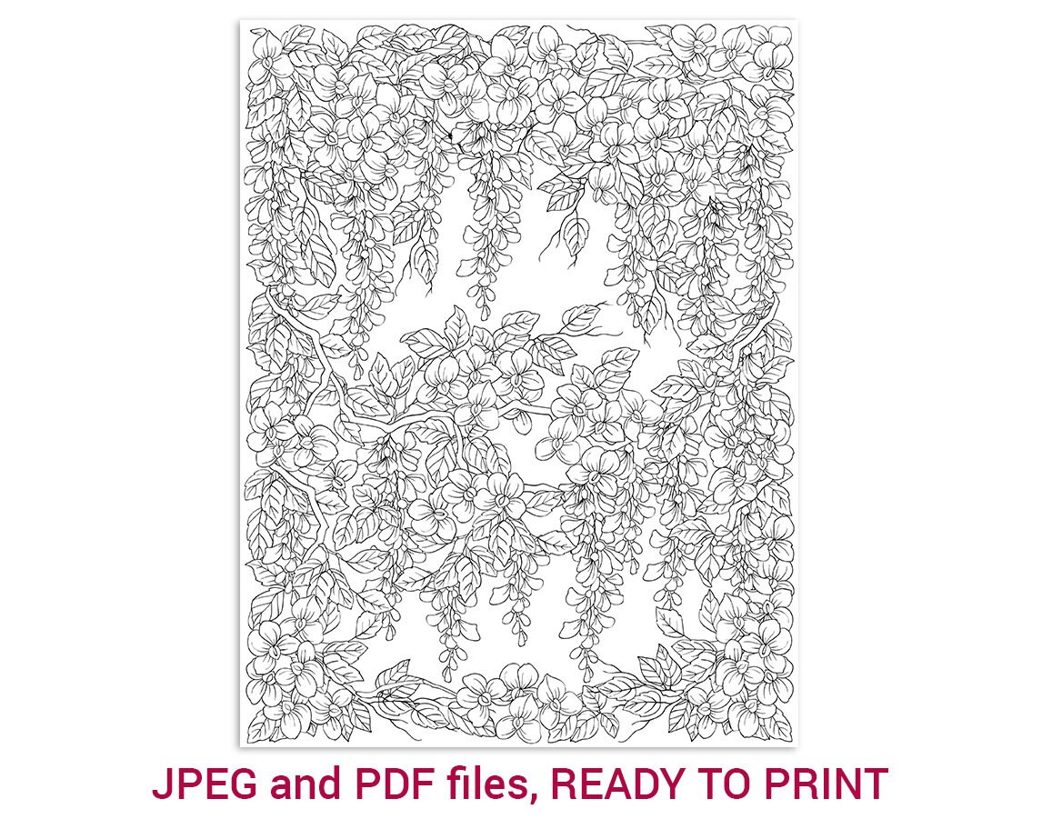 Printable Adult Coloring Page PDF and JPEG. Digital Wisteria - Etsy