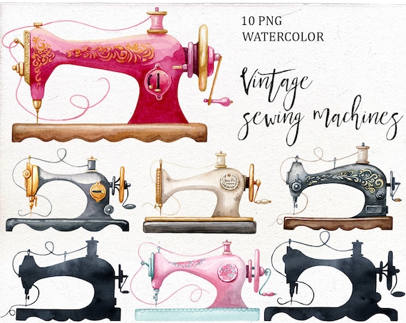 Watercolor Individual PNG. Vintage Sewing Machine Clip Art. Branding Kit,  DIY Clipart. Instant Download. 