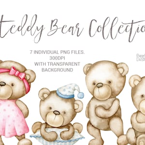 Aquarel teddybeer clipart. Schattige babyjongen, meisje. Geslachtsvrije beer. Kinderfeestje, kaarten illustraties. Individuele PNG. Commercieel gebruik.