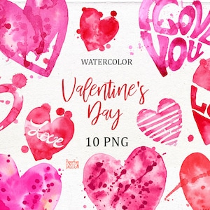 Watercolor heart clipart, PNG, Valentine day clip art, Red heart, Pink heart, Hand painted heart shape. Valentine&#39;s gift.