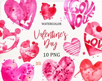 Clipart cuore acquerello, PNG, clip art di San Valentino, cuore rosso, cuore rosa, a forma di cuore dipinto a mano. Regalo di San Valentino.