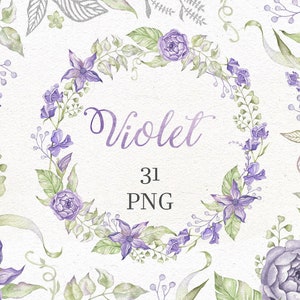 Elementi di design per inviti di nozze. Argento, foglie dorate. Fiori viola dell'acquerello. ClipArt ad acquerello. Clipart d'oro e d'argento.