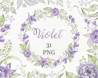 Wedding invitation design elements. Silver, Golden leaves. Violet watercolor flowers. Watercolor clip art. Golden, Silver clipart.