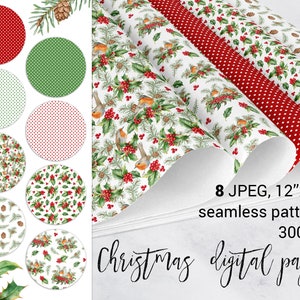 Weihnachten digitales Geschenkpapier, Urlaub Musterdesign, digitaler Hintergrund, Winter digitales Scrapbook Papier, Rotkehlchen, Polka Dot, Vögel.