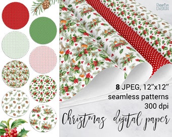 Christmas Digital wrapping Paper, Holiday Seamless Pattern, Digital Background, Winter Digital Scrapbook Paper, Robin, Polka Dot, birds.