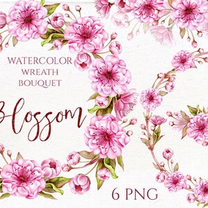 Imágenes prediseñadas de corona y ramo de acuarela de flor de cerezo. Imágenes prediseñadas de flores de Pascua. Boda romántica primavera flores rosadas.