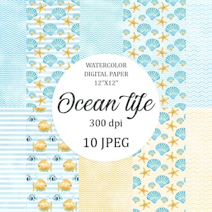 Papel de álbum de recortes digital náutico. Agua de mar azul, tejidos, peces, conchas, criaturas del océano, rayas, fondo de acuarela. Uso comercial.