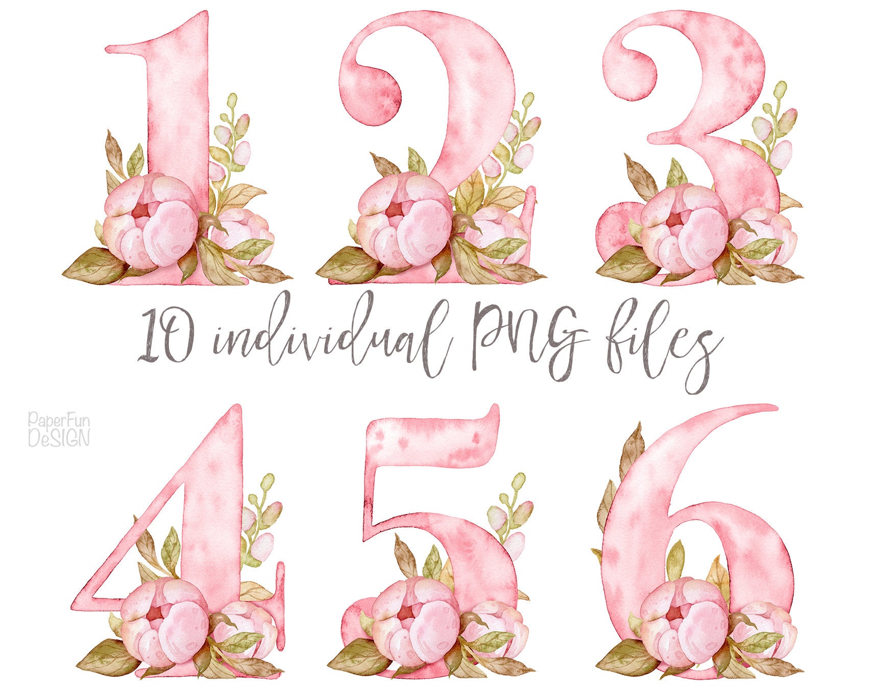 Watercolor Numbers Clipart, Floral Number clip art. Pink Girls symbols digital individual PNG files Instant download, high resolution. P1