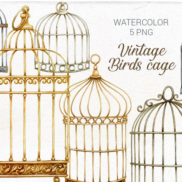 Watercolor vintage birds cage. Hand painted golden cage. Instant download.