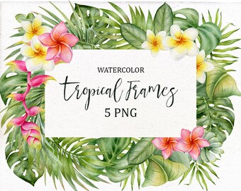 Watercolor Tropical Clip Art, Floral Frame Clipart, Tropical Foliage, Tropical Background, Watercolor Floral Border, Plumeria, Flowers.