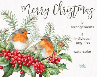 Watercolor Christmas digital arrangements. Watercolour winter clip art, Robin, Holly, Pine cone, snow clipart. Printable individual PNG file