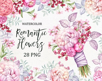 Watercolor Floral Clip Art, Digital Romantic Clipart, Wedding Flowers, Romantic Bouquet, Watercolor Peony, Vintage Roses.