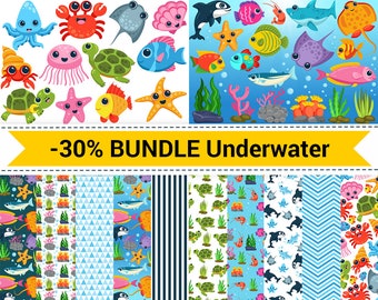 Underwater Bundle Ocean Life Clip Art, Digital Paper,  Cute sea Creatures, Fish Clipart, Sea Animals, Seamless Pattern.