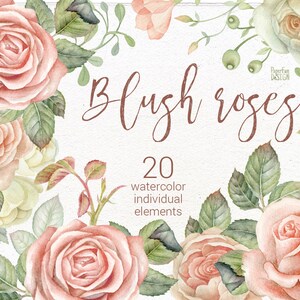 May include: Watercolor illustration of 20 blush pink roses with green leaves. The text "Blush Roses" is written in brown cursive script. The text "20 watercolor individual elements" is written in black.