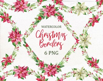 Poinsettia Holly Steams, Christmas Watercolor Border Clip Art, Scarlet Red Flower Clipart, Digital Floral Frame,  Holiday.