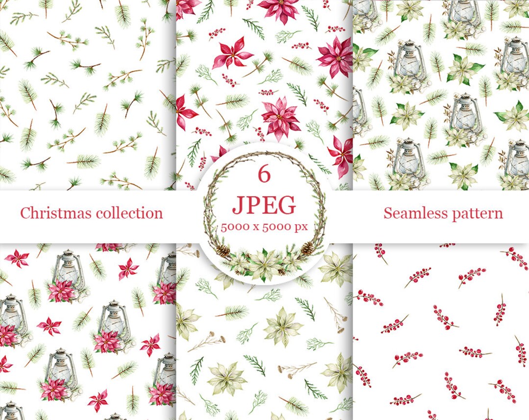 Watercolor Christmas Seamless Pattern Collection With Red and White ...