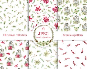 Watercolor Christmas seamless pattern collection with red and white poinsettia flowers, rustic lantern and winter plants and flowers.