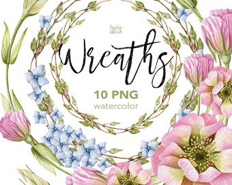 Watercolour floral wreath. Romantic individual PNG circle wreath. Pink and blue flowers corners and borders.