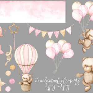 May include: A set of 16 watercolour illustrations featuring a hot air balloon, teddy bears, stars, butterflies, and balloons. The illustrations are in pink, brown, and gold tones. The text "16 individual elements 1 jpeg, 15 png" is included in the image.