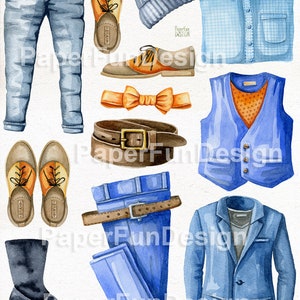 May include: A watercolor illustration of a men's outfit. The outfit includes a blue denim jacket, a blue vest, a blue and white plaid shirt, a pair of blue jeans, a brown leather belt, a pair of brown leather shoes, a pair of brown leather loafers, a black leather boot, a blue beanie, and a brown bow tie.