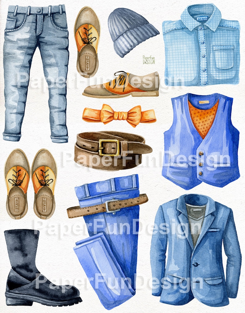 May include: A watercolor illustration of a men's outfit. The outfit includes a blue denim jacket, a blue vest, a blue and white plaid shirt, a pair of blue jeans, a brown leather belt, a pair of brown leather shoes, a pair of brown leather loafers, a black leather boot, a blue beanie, and a brown bow tie.