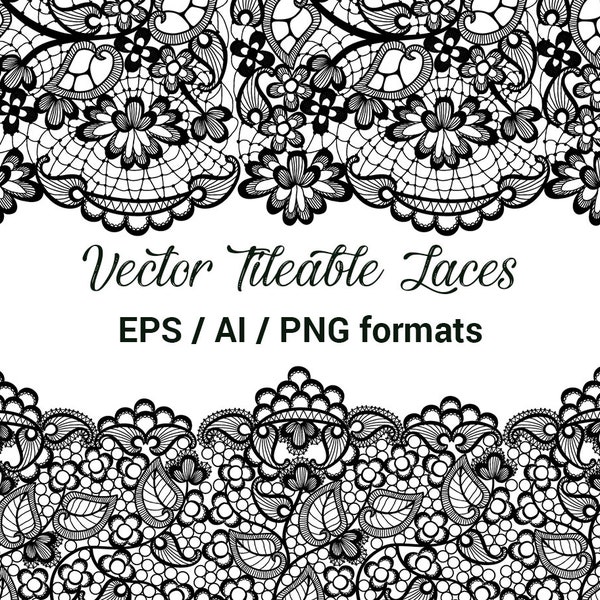 Seamless Vector Black Lace, Tileable Lace, Wedding Invitation Decor Clip Art, Wedding Lace Clipart, Vector format AI, EPS.