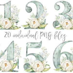 Watercolor Numbers Clipart, Floral Number clip art. Green mint symbols digital individual PNG files Instant download, high resolution.