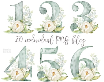 Watercolor Numbers Clipart, Floral Number clip art. Green mint symbols digital individual PNG files Instant download, high resolution.