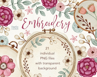 Watercolor embroidery clipart. Round embroidery hoop clipart. Watercolour needlework pink and green floral elements clip art. Digital PNG.