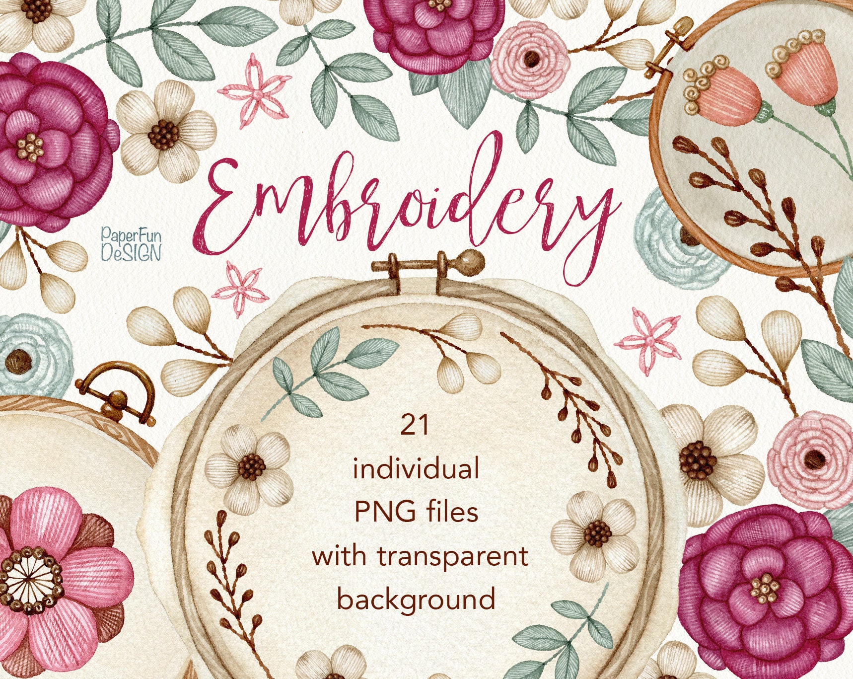 Watercolor Embroidery Clipart. Round Embroidery Hoop Clipart. Etsy