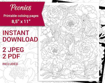 PDF, JPEG  Digital Adult Coloring Book, Floral Arrangements, Botanical Printable Coloring Page, Peony Flower.  Coloring page 8,5'' x 11"