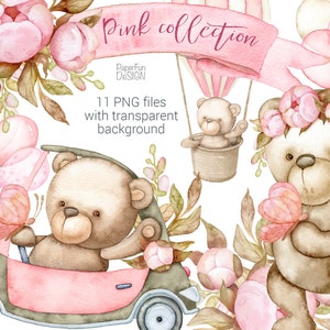 Watercolor Teddy Bear clipart. Baby Girls Cute. Pink peony flowers Kids clip art Individual PNG Commercial use. It's a girl. P1