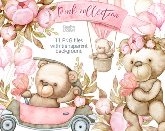 Watercolor Teddy Bear clipart. Baby Girls Cute. Pink peony flowers Kids clip art Individual PNG Commercial use. It's a girl. P1